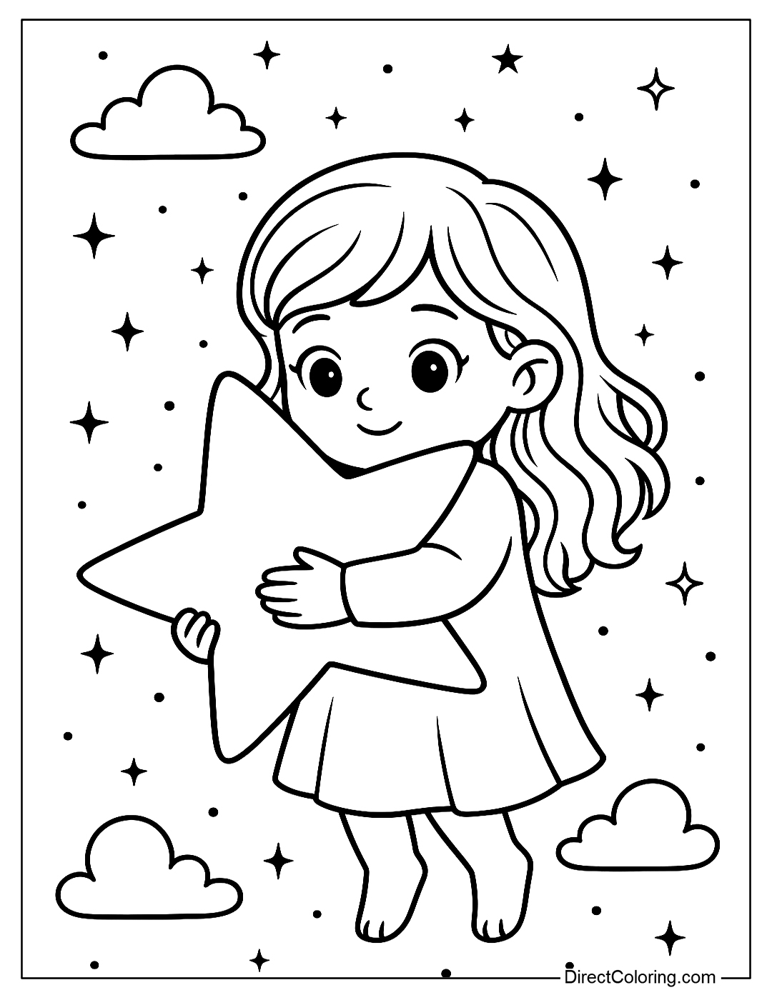 A coloring page of a little girl holding a giant bright star in the night sky
